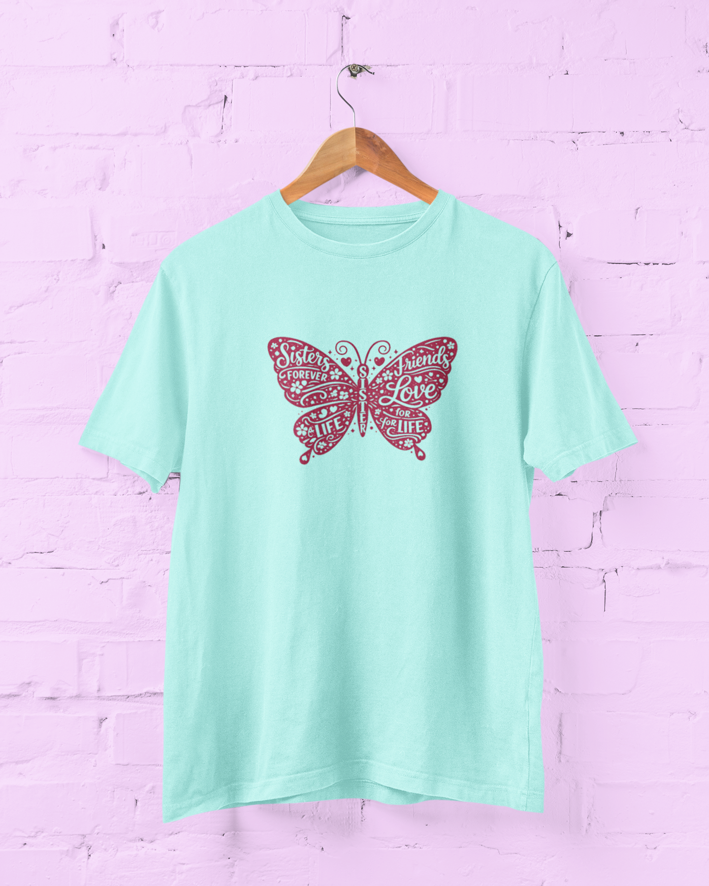 Sisters Butterfly Mint T-Shirt featuring a deep rose pink butterfly typography design with sister love quote. Women's graphic tee gift available in sizes S-7XL - Sigmatrends