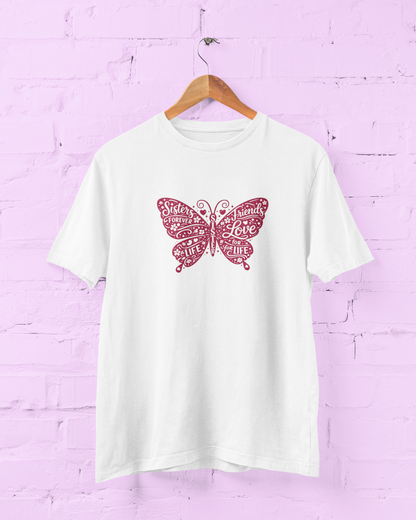 Sisters Butterfly White T-Shirt featuring a deep rose pink butterfly typography design with sister love quote. Women's graphic tee gift available in sizes S-7XL - Sigmatrends