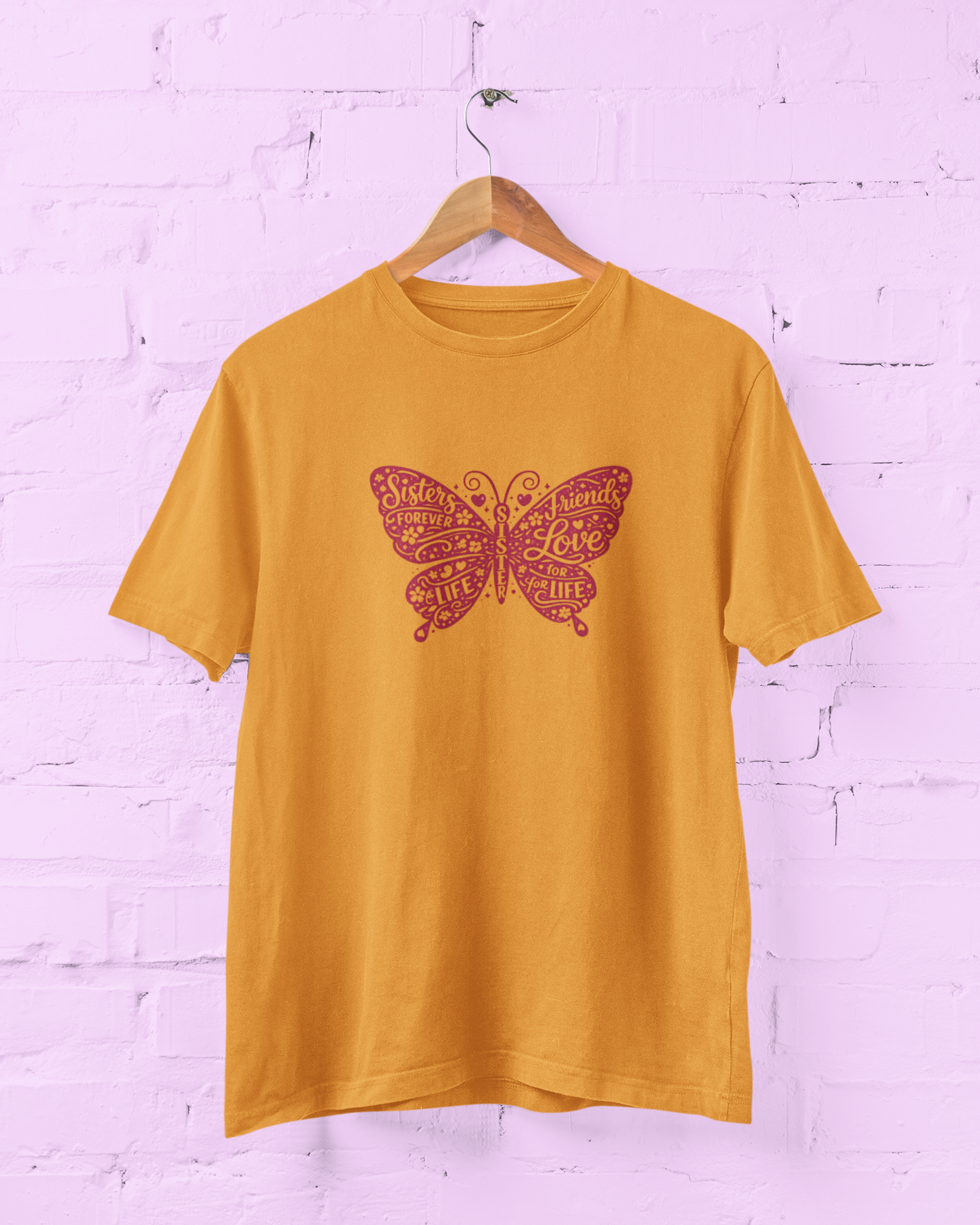 Sisters Butterfly Yellow T-Shirt featuring a deep rose pink butterfly typography design with sister love quote. Women's graphic tee gift available in sizes S-7XL - Sigmatrends