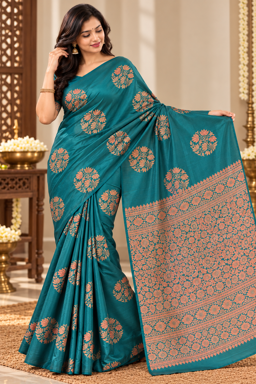 Sigma Trends Teal Green Banarasi Silk Saree with Floral Motifs and Copper-Gold Zari Pallu