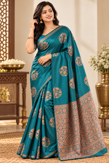 Sigma Trends Teal Green Banarasi Silk Saree for Women with Copper-Gold Zari Woven Work