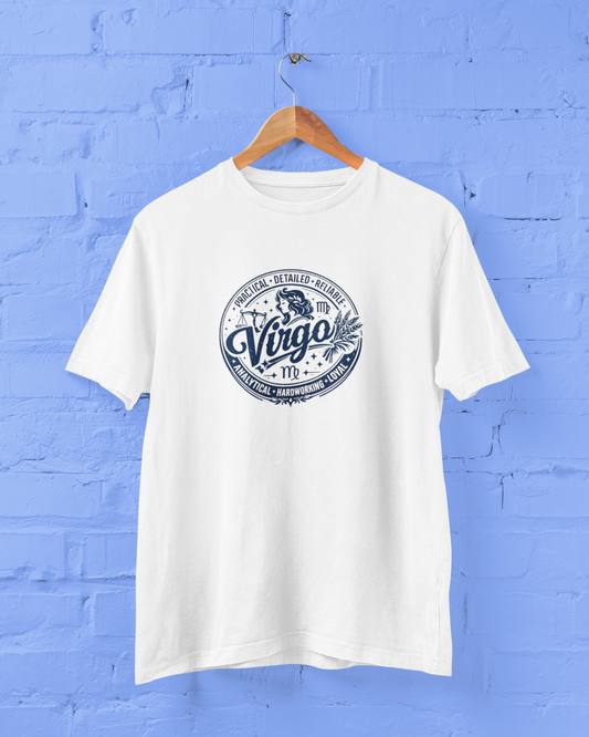 Virgo Zodiac White T-Shirt for Men with vintage astrology graphic, Virgo horoscope design and celestial details, available in plus sizes M–7XL - sigmatrends