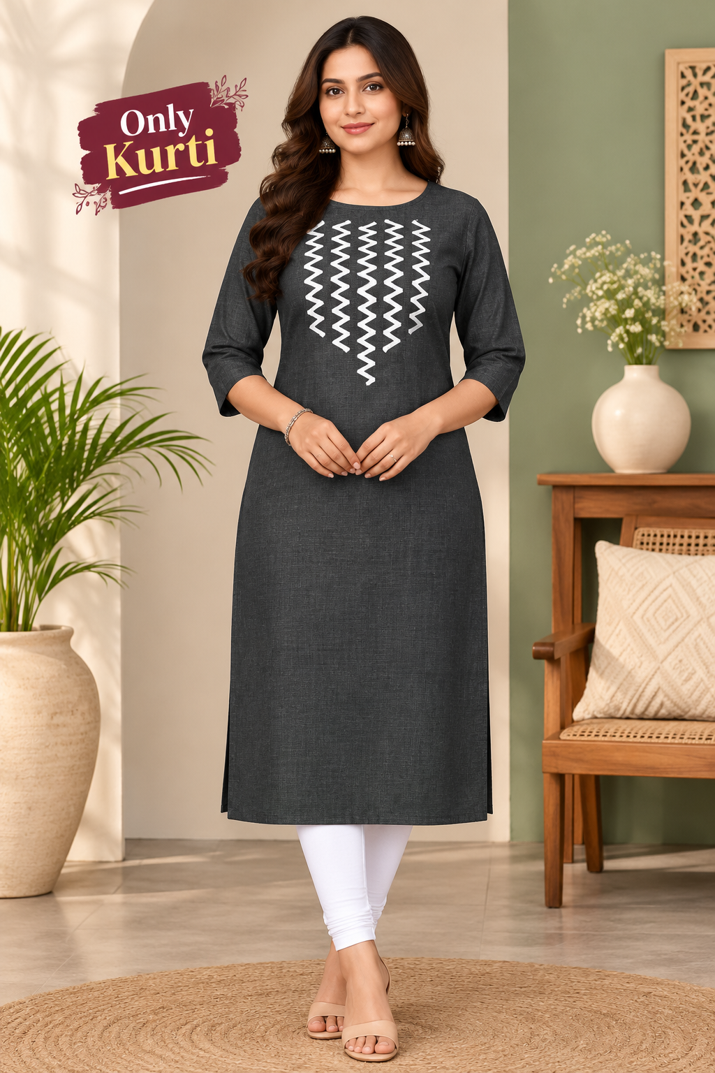 Sigma Trends Women's black cotton kurti with white geometric embroidery, straight-cut design and three-quarter sleeves, sizes M to 6XL.