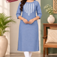 Sigma Trends Women's blue cotton kurti with white geometric embroidery and three-quarter sleeves, Sigma Trends, plus sizes M to 6XL.