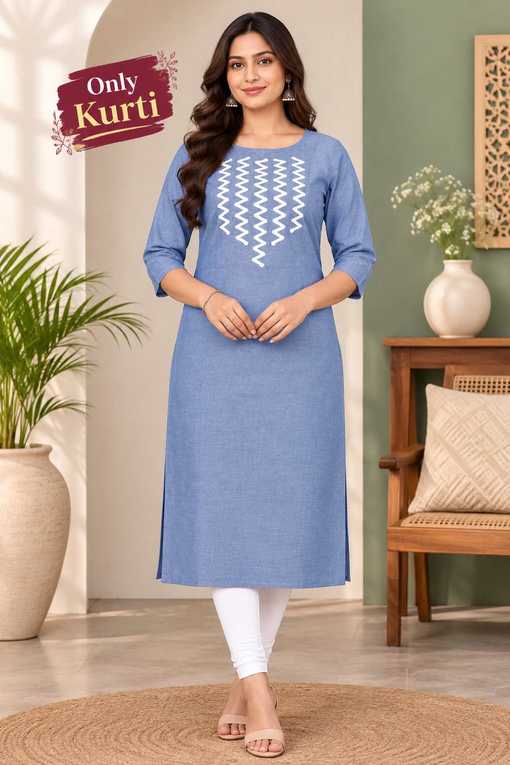 Sigma Trends Women's blue cotton kurti with white geometric embroidery and three-quarter sleeves, Sigma Trends, plus sizes M to 6XL.