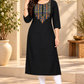 Sigmatrends Women's black cotton A-line kurti featuring colourful geometric embroidery, round neck and three-quarter sleeves.