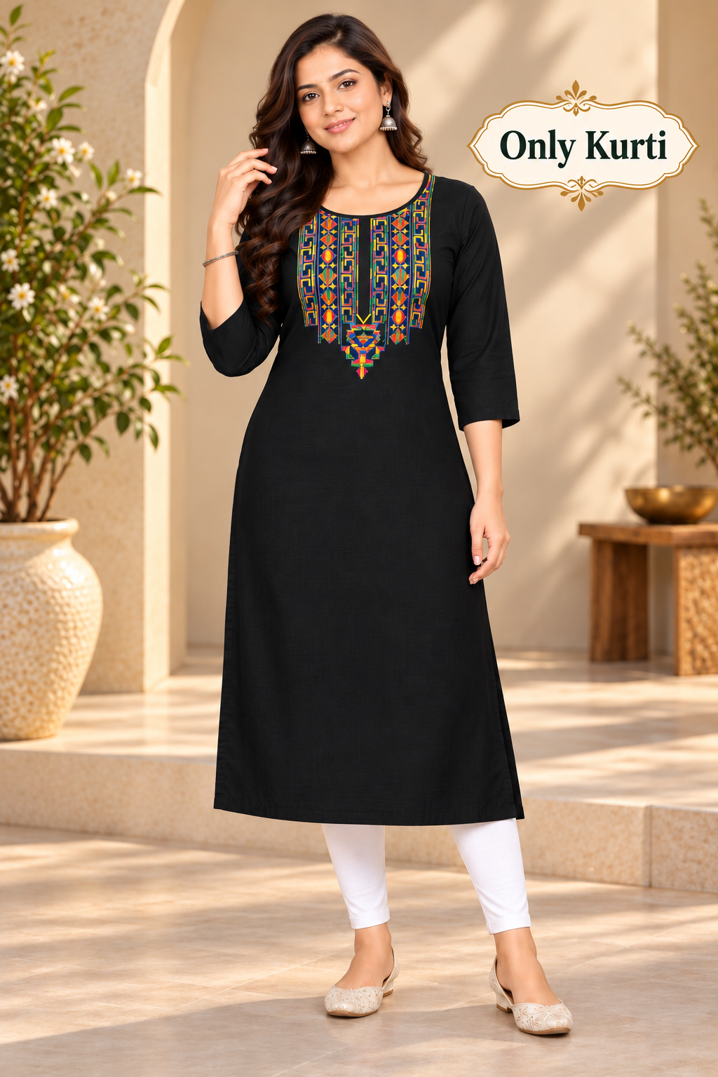 Sigmatrends Women's black cotton A-line kurti featuring colourful geometric embroidery, round neck and three-quarter sleeves.