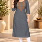Sigmatrends Women's charcoal grey cotton A-line kurti with colourful embroidered front, round neck and three-quarter sleeves.
