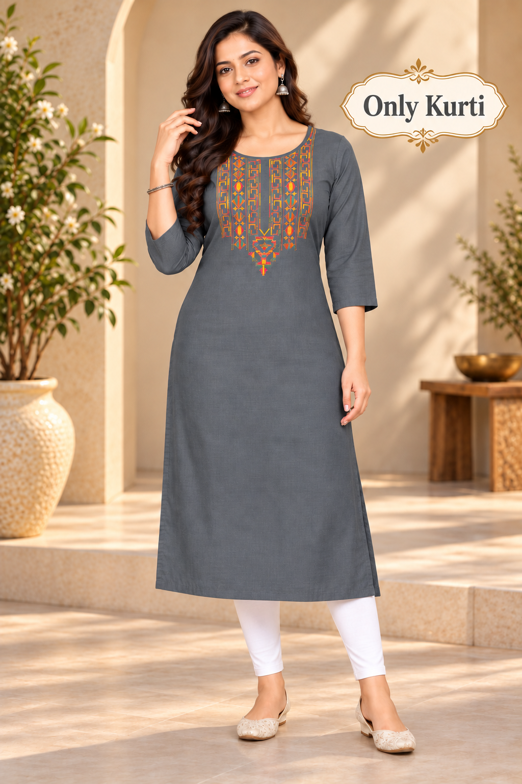 Sigmatrends Women's charcoal grey cotton A-line kurti with colourful embroidered front, round neck and three-quarter sleeves.
