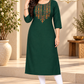 Sigmatrends Women's emerald green cotton A-line kurti with colourful embroidered detailing, round neck and three-quarter sleeves.