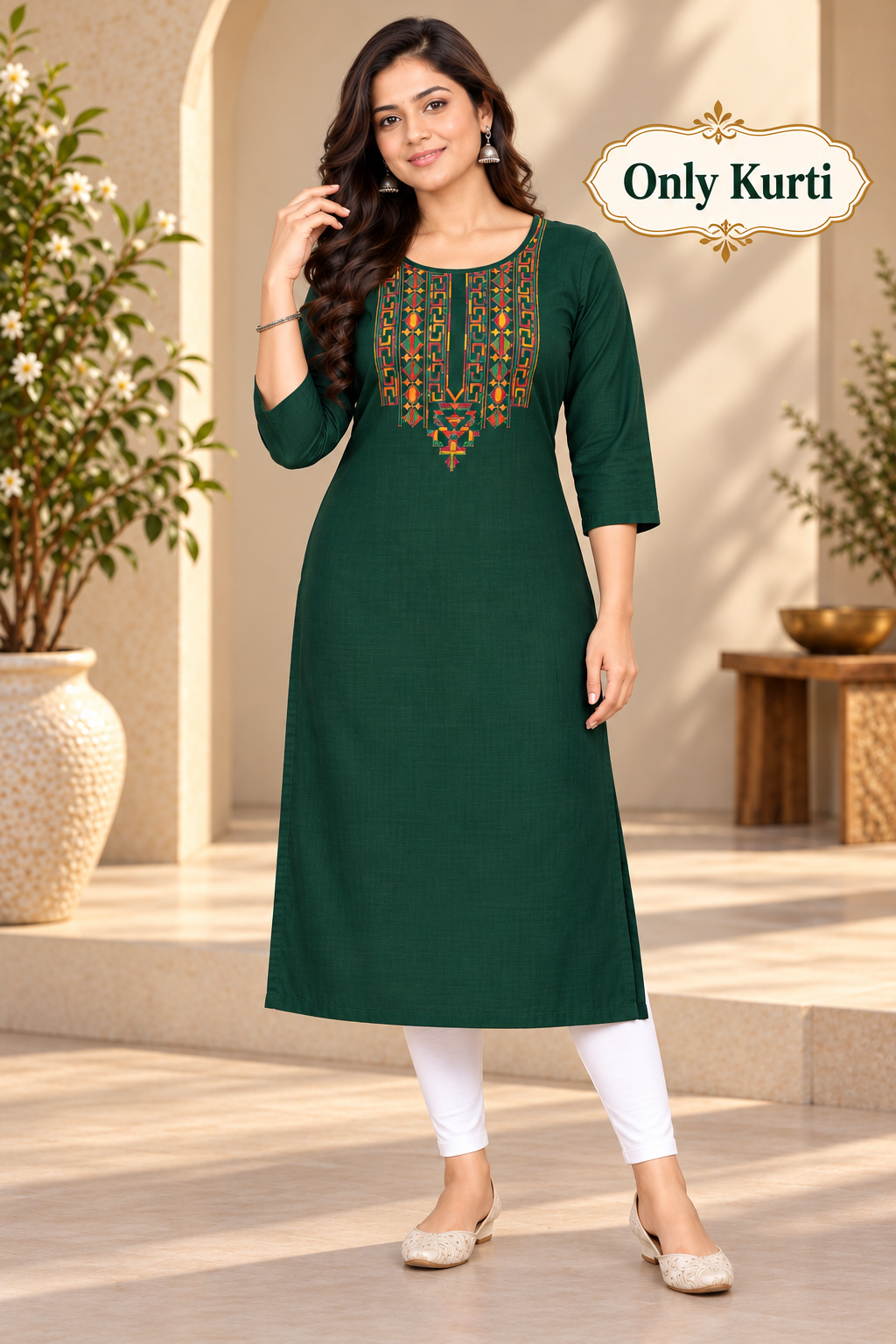 Sigmatrends Women's emerald green cotton A-line kurti with colourful embroidered detailing, round neck and three-quarter sleeves.