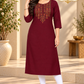 Sigmatrends Women's maroon cotton A-line kurti with traditional colourful embroidery, round neck and three-quarter sleeves.
