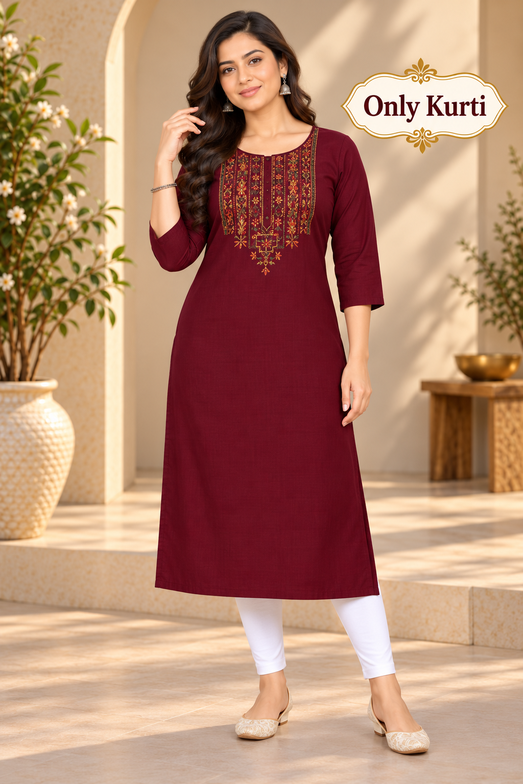 Sigmatrends Women's maroon cotton A-line kurti with traditional colourful embroidery, round neck and three-quarter sleeves.