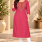 Sigmatrends Women's rose pink cotton A-line kurti with colourful embroidered front, round neck and three-quarter sleeves.
