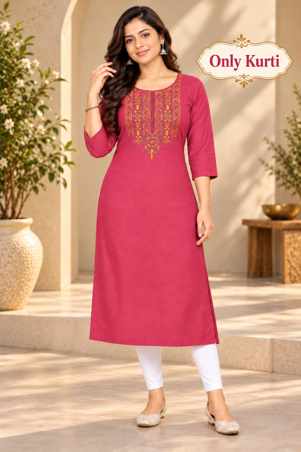 Sigmatrends Women's rose pink cotton A-line kurti with colourful embroidered front, round neck and three-quarter sleeves.