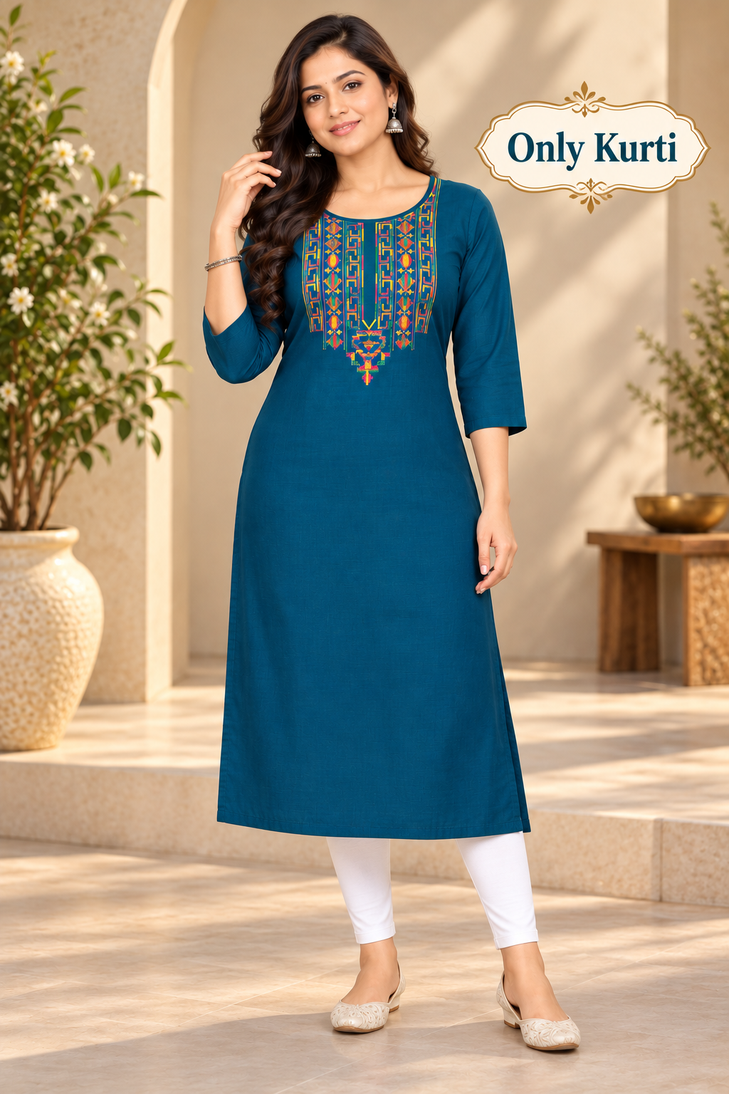 Sigmatrends Women's teal blue cotton A-line kurti with colourful embroidery, round neck and three-quarter sleeves.