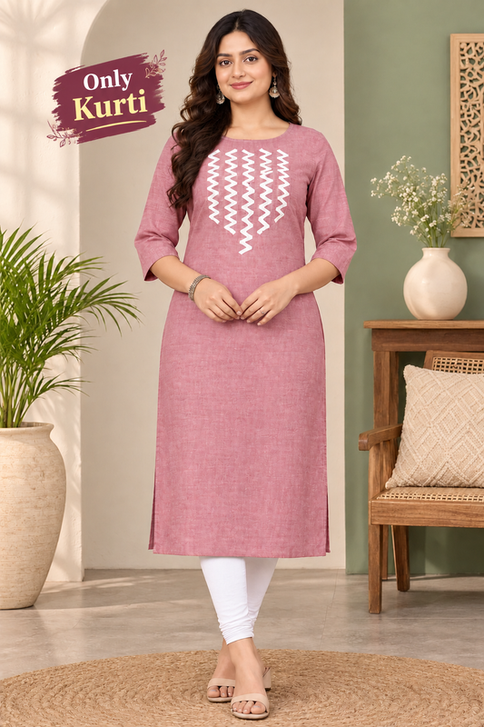 Sigma Trends Women's pink cotton kurti in a dusty rose shade with white geometric embroidery and three-quarter sleeves, sizes M to 6XL.