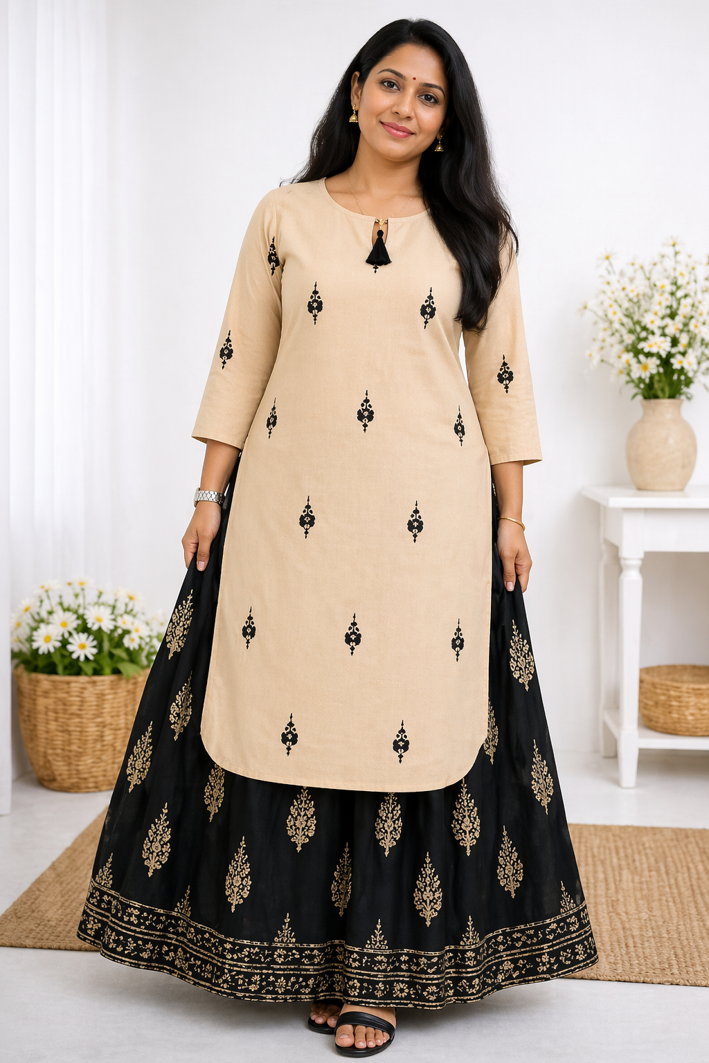 Women's printed plus size rayon kurta with skirt set cream ethnic wear full length - sigmatrends