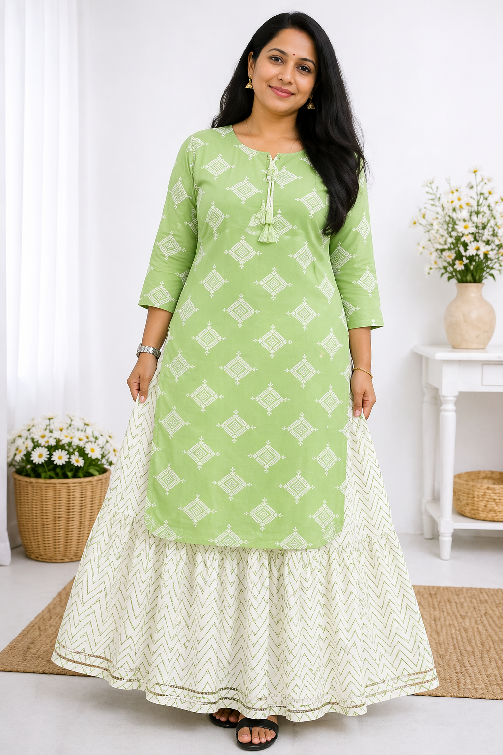Women's printed plus size rayon kurta with skirt set light green ethnic wear full length - sigmatrends