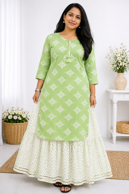 Women's printed plus size rayon kurta with skirt set light green ethnic wear full length - sigmatrends
