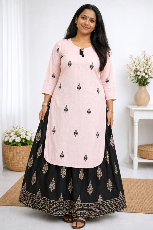 Women's printed plus size rayon kurta with skirt set peach ethnic wear full length - sigmatrends