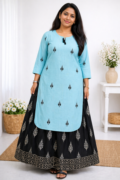 Women's printed plus size rayon kurta with skirt set sky blue ethnic wear full length - sigmatrends