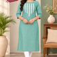 Sigma Trends Women's sea green cotton kurti featuring white geometric embroidery and three-quarter sleeves, Sigma Trends, sizes M to 6XL.