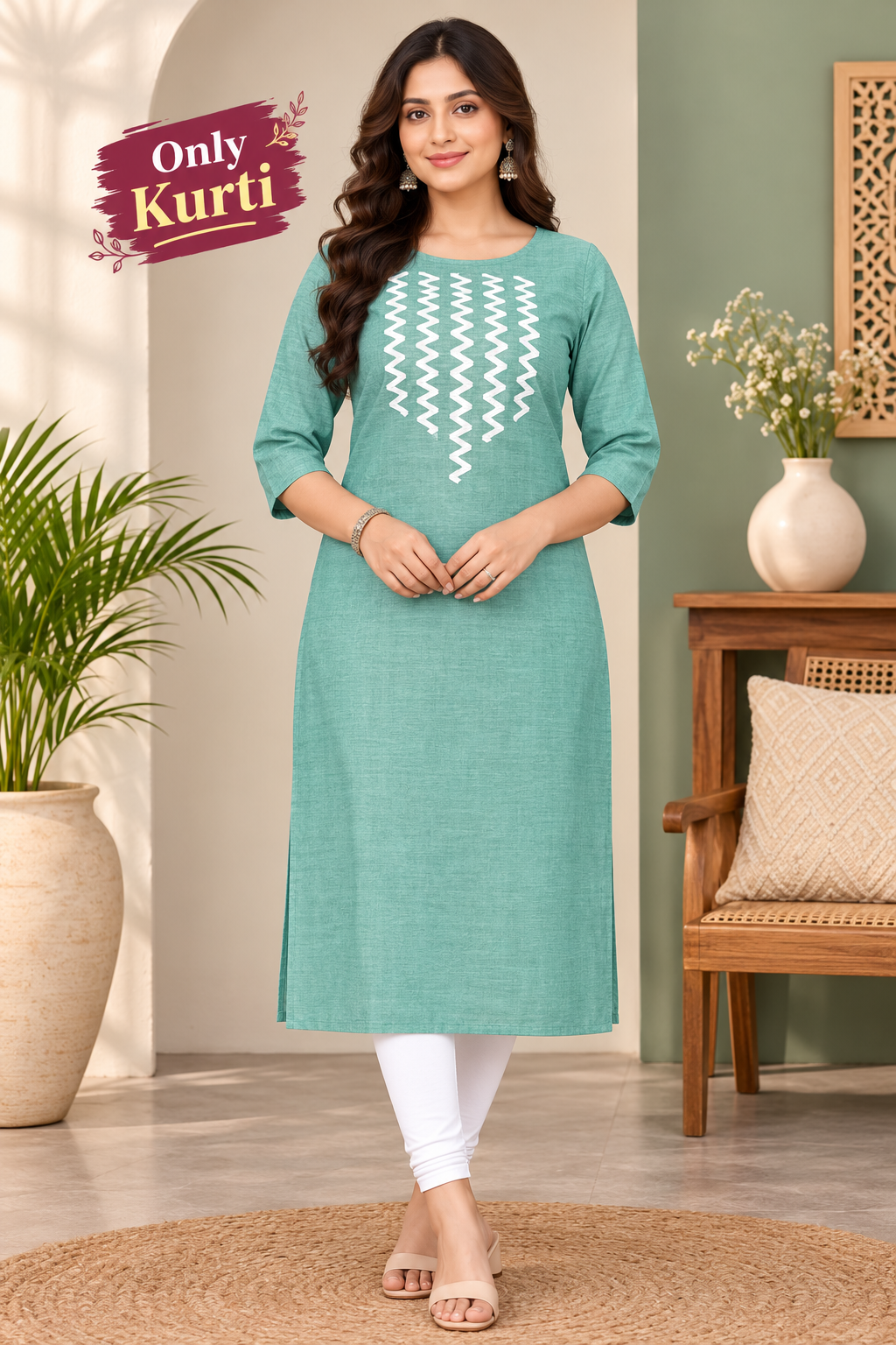 Sigma Trends Women's sea green cotton kurti featuring white geometric embroidery and three-quarter sleeves, Sigma Trends, sizes M to 6XL.