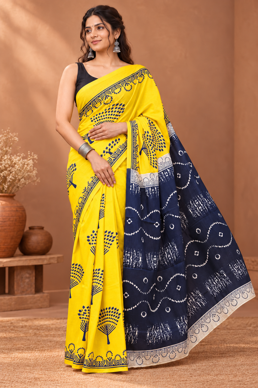 sigmatrends Yellow Cotton Saree for Women with Printed Designs and Navy Blue Pallu