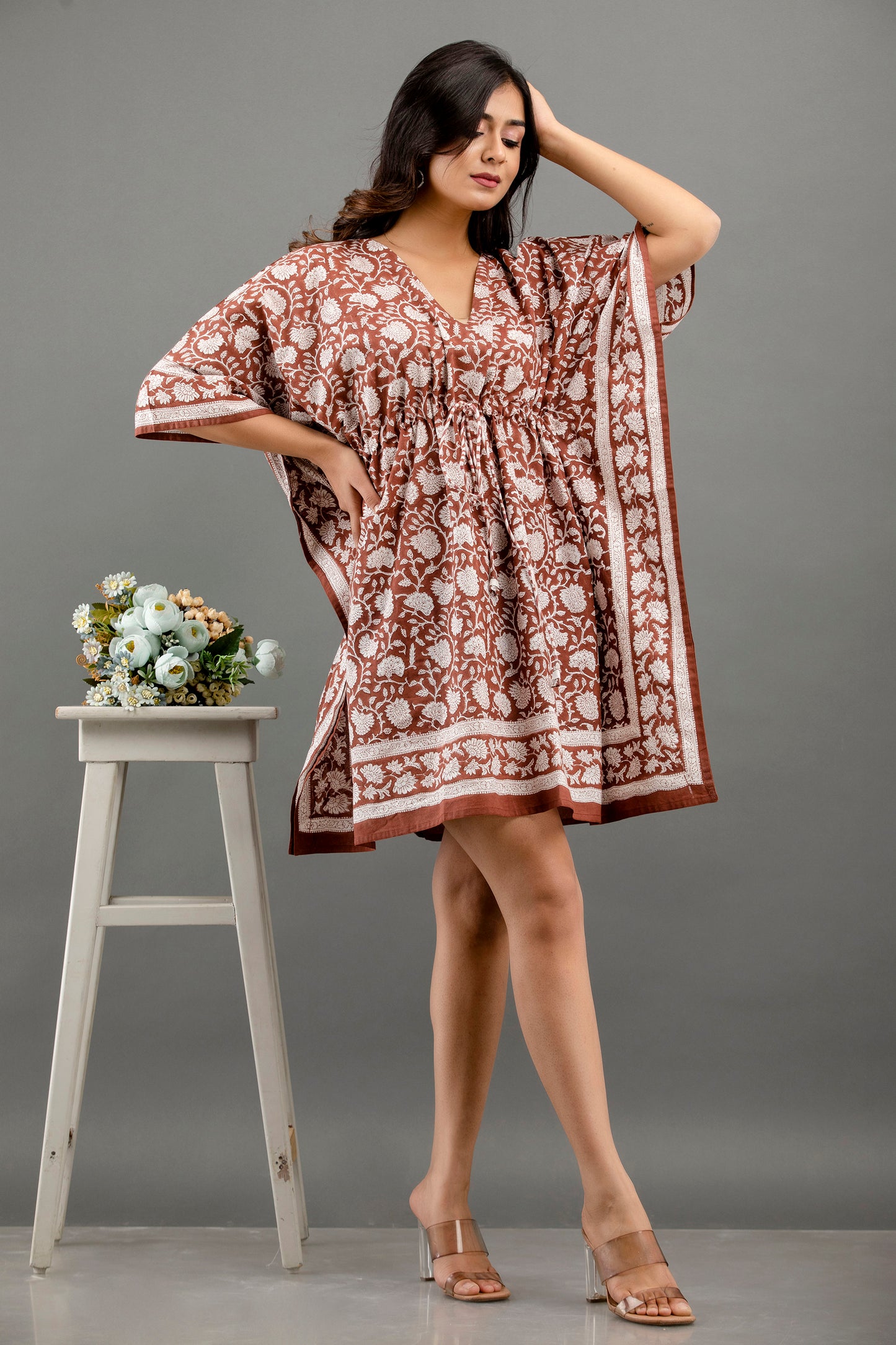 Hand Block Printed Cotton Kaftan Brown sigmatrends