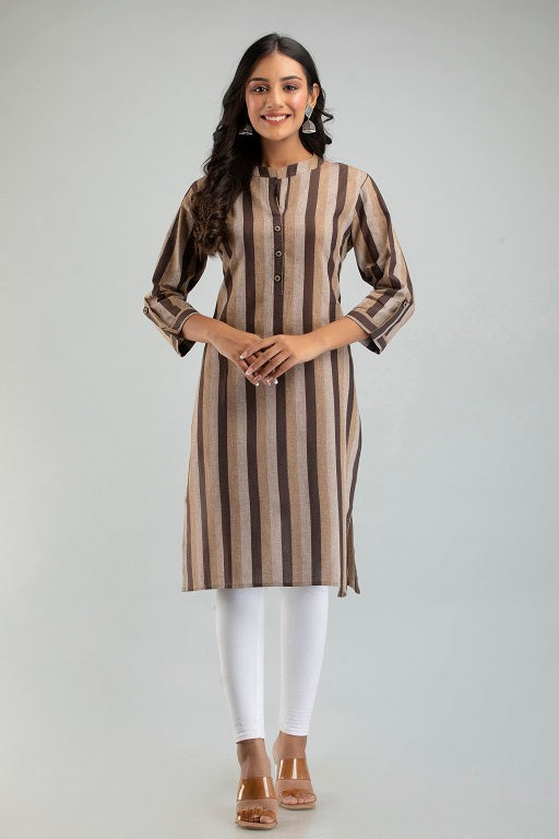 Women South Cotton Straight Stripe Plus Size Kurti Brown - sigmatrends