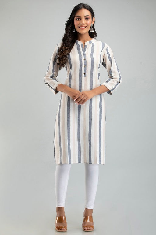 Women South Cotton Straight Stripe Plus Size Kurti Beige - sigmatrends