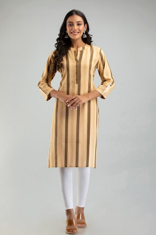 Women South Cotton Straight Stripe Plus Size Kurti Yellow - sigmatrends