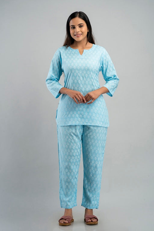 Women's Rayon Printed Plus Size Night Suit Set of Shirt and Pyjama Cyan - sigmatrends
