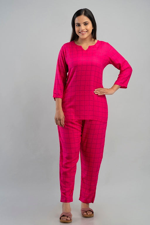 Women's Rayon Printed Plus Size Night Suit Set of Shirt and Pyjama DeepPink - sigmatrends
