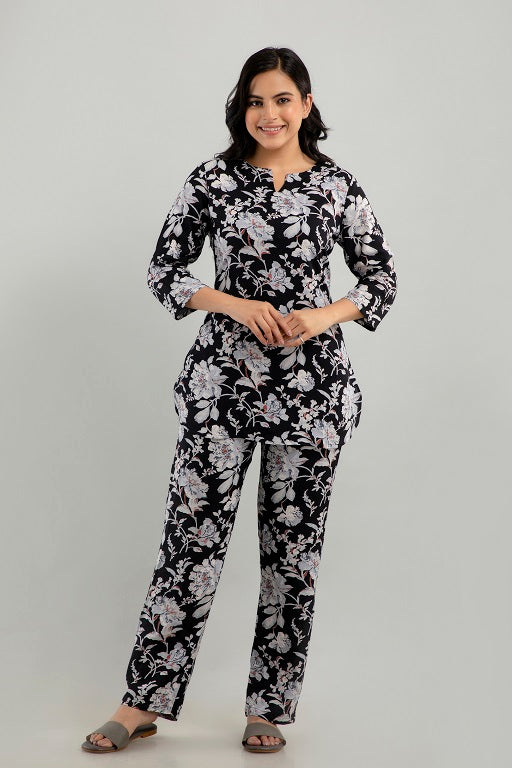 Women's Rayon Printed Plus Size Night Suit Set of Shirt and Pyjama Black - sigmatrends