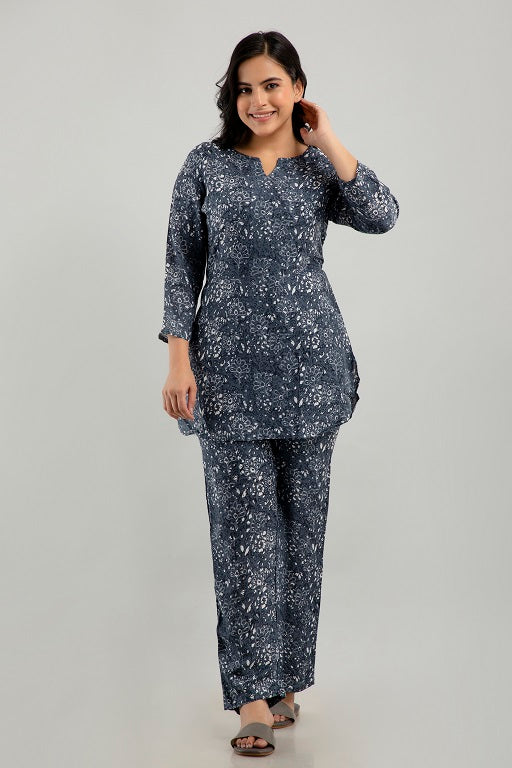 Women's Rayon Printed Plus Size Night Suit Set of Shirt and Pyjama