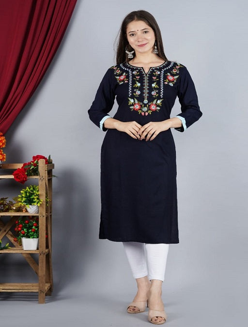 Stylish Rayon Embroidered Kurti Navy Blue - sigmatrends