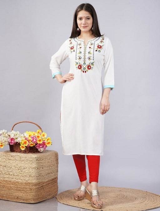 Stylish Rayon Embroidered Kurti White - sigmatrends