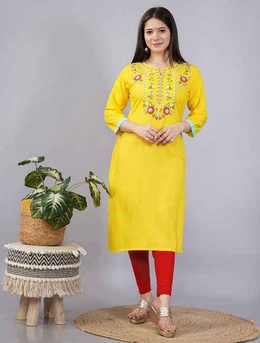 Stylish Rayon Embroidered Kurti Yellow - sigmatrends