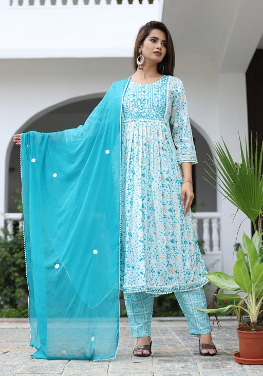 Nayara Cut Plus Size Cotton Printed Kurti With Pant and Dupatta Set Cyan - sigmatrends